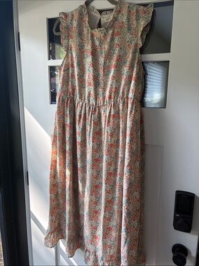 Roolee Floral Maxi Dress in Cream with Coral & Blue Accents